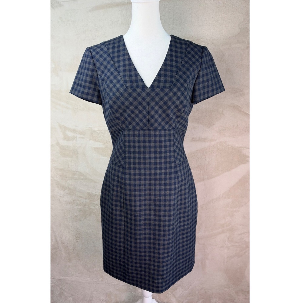 Brooks Brothers Red Fleece Wool Blend  Navy Grey Gingham Sheath Dress Size 4